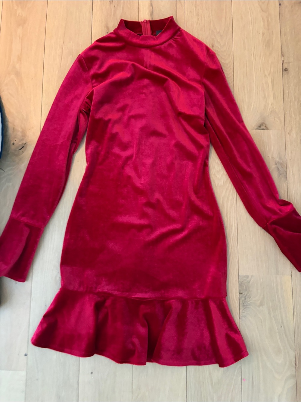 Red Velvet Long Sleeve Ruffle Hem Dress